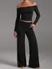 Estilo europeo y americano, transfronterizo, de un solo hombro, manga larga, conjunto de yoga para mujer, con pantalones negros de cintura alta y pierna ancha, un conjunto deportivo de fitness sin costuras, elástico y cómodo