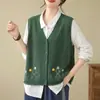 Chaleco de punto de algodón bordado estilo literario para mujer, cárdigan de cuello en V, chaleco sin mangas, prenda exterior para capas de otoño, capa