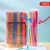 Pajitas artísticas de colores, desechables de un solo uso, largas y curvas, aptas para alimentos, para bebidas y té de leche, seguras para niños, resistentes a altas temperaturas, empaquetadas individualmente