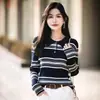 Camiseta de Manga Larga con Cuello Polo Color Block de Rayas de Algodón, Top Versátil Casual Americano para Mujer, Estilo Delgado de Primavera y Otoño, Estilo Perezoso