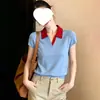 Diseño de Bloques de Color, Solapa de Bloques de Color, Tejido de Punto Lavado de Seda Helada de Manga Corta para Mujer, Nuevo Estilo de Verano, Top tipo Camisa Polo Súper Elegante