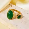 Anillo abierto vintage francés de acero de titanio y piedra natural con forma de hoja para mujer, electrochapado PVD, anillo de acero inoxidable impermeable y que conserva el color