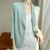 Conjunto de Cetim com Decote V Redondo para Mulheres Verão Nova Moda Versátil Blusa de Um Botão com Blazer Totalmente Drapeado Tendência Roupa de Trabalho