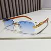 Gafas de sol cuadradas sin montura con borde recortado para mujer, color degradado, moda transfronteriza europea y americana, patilla de gafas con imitación de veta de madera, gafas de sol decorativas de leopardo