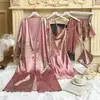 Conjunto de Dos Piezas de Camisón Fino y Bata para Mujer de Cuatro Estaciones, Estilo de Longitud Media con Cinturón de Corbata, Se Puede Usar Afuera como Conjunto de Pijama para Estar en Casa