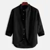 Camisa Listrada Masculina Estilo Coreano com Gola Alta, Camisa de Linho Respirável Casual Solta, Top Juvenil de Manga Três Quartos para Homens