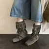 Botines de mujer hasta la pantorrilla con cordones de gamuza de vaca, nuevo estilo de otoño, botines casuales de punta cuadrada de cuero genuino con aumento interno de altura