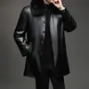 Chaqueta de cuero de longitud media para hombre, estilo business casual, con forro de piel de visón negra y dorada, cálida para papás de mediana edad