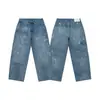 Calça Jeans Reknat Retro de Algodão Bambu Lavado Azul Gelo Masculina Solta de Perna Reta Jeans com Pintura Salpicada Pl2278
