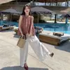 Moda Casual Juvenil Adelgazante Sin Mangas Babydoll + Pantalones de Pierna Ancha Bordados Calados