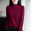 Suéter Tricot Pulôver Feminino Outono/Inverno 2026 com Gola Meia Alta e Botões Laterais, Suéter de Manga Longa Camada Base Feminina