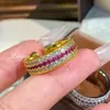 Sucesso de transmissão ao vivo no TikTok: Anel turquesa azul cravejado de diamantes em três fileiras, estilo vintage, anel aberto elegante de princesa para mulheres