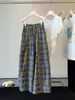 Calça Casual Xadrez Estilo Coreano Balão para Mulheres, Moda Verão Retro Cintura Elástica Cordão Versátil Fina de Perna Larga Cropped