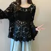 Suéter Hueco de Ganchillo Francés con Mangas de Campana, Nuevo Estilo de Primavera Holgado Negro Exterior, Blusa Elegante y Hermosa