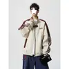 Moletom com Zíper e Gola Alta Patchwork de Blocos de Cor Americano Masculino Outono Inverno Solto Jaqueta Baseball Cardigan Top