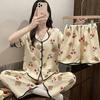 Verão Conjunto de Pijama Novo de Três Peças Cardigan Manga Curta Shorts Desenho Animado Solto Ins Fofo Calças de Pijama Roupa de Casa