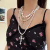 Colar Longo de Contas com Cruz Escura para Mulheres, Gargantilha Punk Doce e Descolada, Acessório de Corrente para Suéter Y2K, Novo Estilo