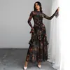 Vestido Preto Estampado Novo Europeu e Americano da Amazon com Manga Folha de Lótus Estampa de Planta e Flor Vestido de Nicho para Mulheres