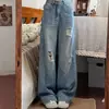 Jeans Rotos Talla Grande para Mujer 2025 Primavera y Otoño Nuevo Estilo Americano Cintura Alta Pierna Ancha Pantalones Sueltos Rectos de Piso para Mujer