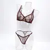 Conjunto de Duas Peças de Renda Sexy Transparente Cor Café Retrô Europeu e Americano Ultra-Fino com Fio Dental e Aro