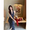 Vestido Largo Retro Francés Cuello en V Cintura Ajustada Azul Xizang Floral Cuello Halter Sin Mangas Espalda Hueca Descubierta Falda de Mujer