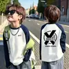 Camiseta de Manga Raglán para Niños, Bloques de Color, Algodón Puro, Manga Larga, Estilo Otoño, Moda Coreana, Corte Holgado, Ropa de Abrigo Elegante