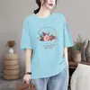Camiseta de Manga Corta de Algodón Holgada Talla Grande para Mujer, Nuevo Estilo de Verano, Cuello Redondo, Estampado Floral, Algodón Puro, Hombro Normal, Manga Media