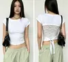 Camiseta corta de manga corta para mujer, estilo coreano y japonés, sencilla, fresca, dulce, moderna, casual, con detalles de cordones, color liso, cuello redondo