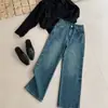 Jeans Moderno Vintage Azul Slim-Fit Novo Outono 2026 para Mulheres, Calças de Cintura Alta Perna Reta com Fenda Wide-Leg, Calças Longas Tendência