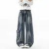Calça jeans desconstruída estilo americano com múltiplos bolsos para homens, vestuário de trabalho outono/inverno, perna reta, design patchwork, perna larga, calça longa de corte curvo