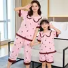 Pijama de Verano para Niños Niñas Manga Corta Algodón Peinado Estilo Coreano Cuello de Princesa Padre-Hijo Mediano y Grande Niños Niña Bebé Pijama Ropa de Casa