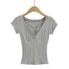 CL2480-24 Camiseta de manga corta con escote en V profundo, estilo francés, retro, estilo Pure Desire, de encaje, sexy
