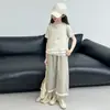 Traje de Verano para Niñas Encaje Estilo Infantil Chaleco Camiseta de Manga Corta de Verano para Niña Pantalones de Pierna Ancha Conjunto de Tres Piezas para Niños Grandes