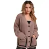 Cárdigan de Punto con Bloques de Color y Bolsillo de Exportación Transfronteriza 2025 Otoño e Invierno Nuevo Holgado Talla Grande Cuello en V Suéter Abrigo para Mujer