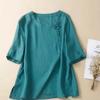 Camiseta Estilo Chinês Retrô Feminina Verão Nova Solta Algodão e Linho Top Zen Curta Camisa de Manga Curta