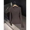 Suéter tejido de punto de cuello en V, color liso, corte ajustado, estilo simple para mujer, nueva colección primavera/otoño, favorecedor y elegante, se puede usar como top solo, estilo coreano