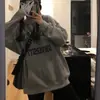 Moletom Cinza com Capuz Feminino Outono e Inverno Forrado com Fleece Engrossado Pequeno Estilo Americano Retrô Preguiçoso Chique Casaco de Casal Top