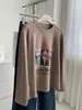 Camiseta Base de Lã Australiana com Estampa de Gato Desenho Animado para Mulheres, Outono e Inverno Estilo Coreano Macia Gola Redonda Pulôver Manga Longa Camiseta Roupa Íntima de Desenho Animado