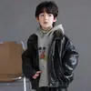Moda de Invierno para Niños Elegante de Manga Larga Casual Estilo Coreano Versátil Chaqueta de Cuero Abrigo Holgado Chaqueta Espesa con Forro de Felpa