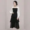 Comercio exterior ropa de mujer 2023 Otoño Nuevo estilo coreano cuello cuadrado elegante dulce rejuvenecedor costura de color contrastante ajustado adelgazante moda