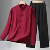 Conjunto de terno Tang masculino para meia-idade e idosos, feito de algodão puro, absorvente de suor, estilo chinês, fino, de manga comprida, adequado para primavera e verão, para pais e avôs
