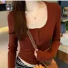 Camiseta Manga Longa Falsa Duas Peças Color-blocking Feminina Novidades Primavera/Outono 2026 Estilo Melade Gola Redonda Top Slim Fit Camisa Base