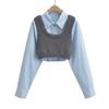 Chaleco de punto estilo universitario dulce y picante de otoño con costuras falsas, camisa de dos piezas, suéter corto reductor de edad para mujer, camisa con costuras