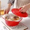 Olla de Sopa Cerámica con Doble Asa Venta al por Mayor Transfronteriza Olla de Estofado Rayada Gran Capacidad Olla para Estofar en Microondas para Uso Doméstico Olla con Doble Asa