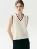 Suéter de punto de cachemira estilo francés con cuello en V, conjunto de dos piezas para mujer, blanco con ribete de contraste, un top chic y versátil