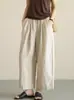 Verano Nuevo Color Sólido Algodón y Lino Pantalones de Pierna Ancha para Mujer Cintura Alta Elástico Lino Transpirable Pantalones Rectos Versátiles Pantalones Nueve Puntos Casual