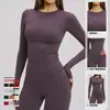 Top de Yoga com Gola Redonda e Manga Longa Costurada Mulher Toque Nude Secagem Rápida Slim Fit Cropped Camada Base Fitness Camiseta Esportiva de Manga Longa