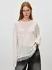 [Original] Camiseta de Manga Larga con Retazos de Encaje de Lana Tencel, Delgada, Ligeramente Transparente, Corte Relajado y Holgado, Top Básico Casual