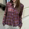Nova camisa outonal feminina estilo coreano, com blocos de cor, gradiente escuro, xadrez, plissada, ombro a ombro, manga longa, com gola para mulheres