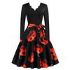 D Halloween nuevo vestido de mujer transfronterizo Europa y Estados Unidos retro de mujer cuello de flor ardiente manga larga negro estampado de hechizo